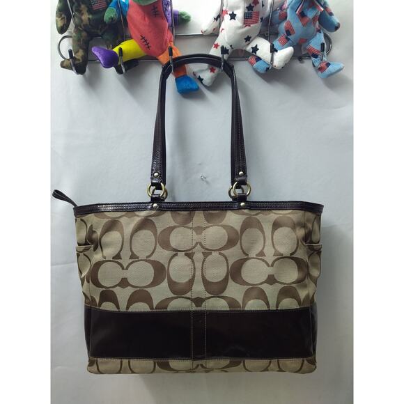 Coach Signature Brown Canvas Stripe Double Handles Diaper Tote Bags - Picture 6 of 16